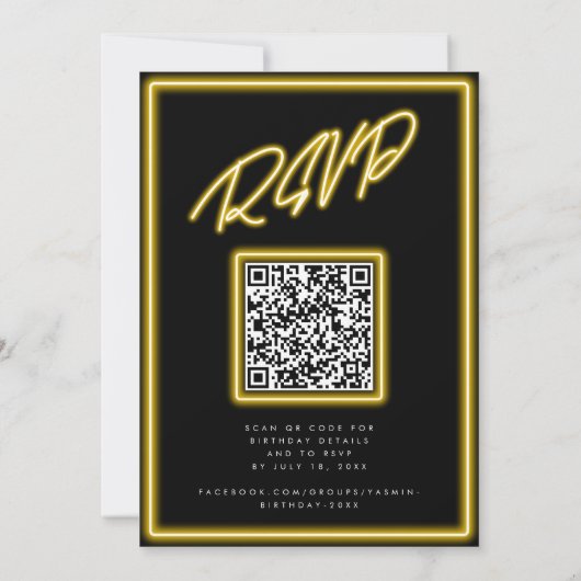 ネオンイエローライトブラックモダンRSVP誕生日 招待状 (裏面)