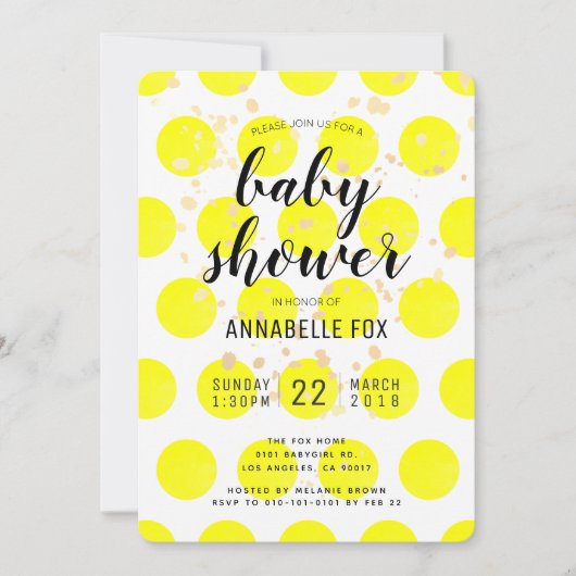 ネオンイエロー水玉模様ベビーシャワー招待状カード 招待状 (正面)