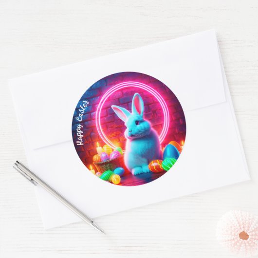ネオンイースターウサギ卵ピンクモダンのかわいい装飾 ラウンドシール (封筒)