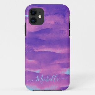 ネオンウォーターカラーピンクパープル抽象芸術 iPhone 11 ケース