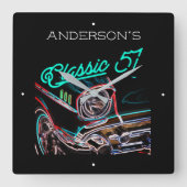 ネオンエフェクトシェビークラシック1957カー名前をカスタムする スクエア壁時計 (正面)