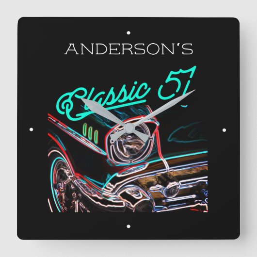 ネオンエフェクトシェビークラシック1957カー名前をカスタムする スクエア壁時計 (正面)