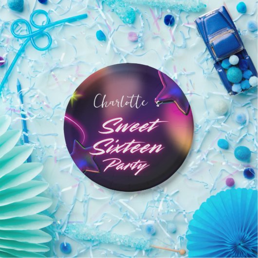 ネオンエレガントピンクブラックレトロレトロスウィート16誕生日 ペーパープレート (パーティー)