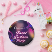 ネオンエレガントピンクブラックレトロレトロスウィート16誕生日 ペーパープレート (パーティー)