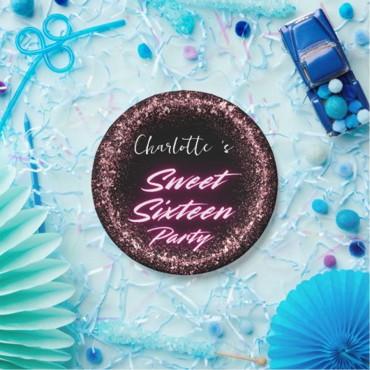 ネオンエレガントピンクブラックレトロレトロスウィート16誕生日 ペーパープレート (パーティー)