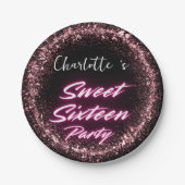 ネオンエレガントピンクブラックレトロレトロスウィート16誕生日 ペーパープレート (正面)