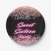 ネオンエレガントピンクブラックレトロレトロスウィート16誕生日 ペーパープレート (正面)