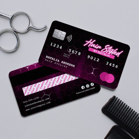 ネオンエレガントピンク美容師クレジットカードスタイル 名刺