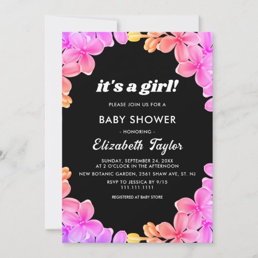 ネオンエレガントライトバラフローラガールベビーシャワー 招待状 (正面)