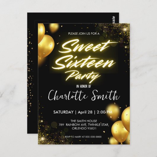 ネオンエレガント金ゴールドバロレトロスウィート16誕生日 ポストカード (正面/裏面)