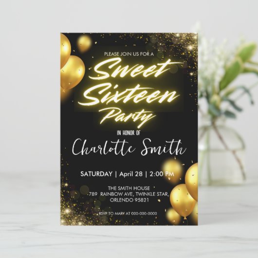 ネオンエレガント金ゴールドバロレトロスウィート16誕生日 招待状 (スタンド正面)