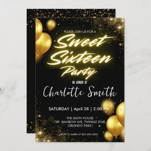 ネオンエレガント金ゴールドバロレトロスウィート16誕生日 招待状 (正面/裏面)