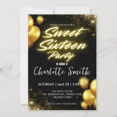 ネオンエレガント金ゴールドバロレトロスウィート16誕生日 招待状 (正面)