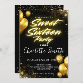 ネオンエレガント金ゴールドバロレトロスウィート16誕生日 招待状