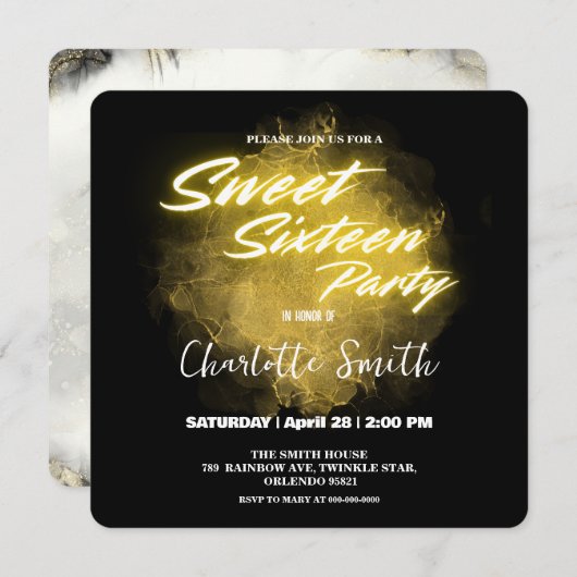 ネオンエレガント金ゴールドピンクマーブルスウィート16誕生日 サンキューカード (正面/裏面)