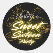 ネオンエレガント金ゴールドブラックフラワースウィート16誕生日 ラウンドシール (正面)