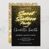 ネオンエレガント金ゴールドブラックレトロスウィート16th誕生日 サンキューカード (正面/裏面)