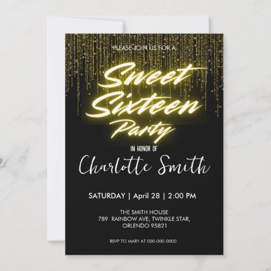 ネオンエレガント金ゴールドブラックレトロスウィート16th誕生日 サンキューカード (正面)