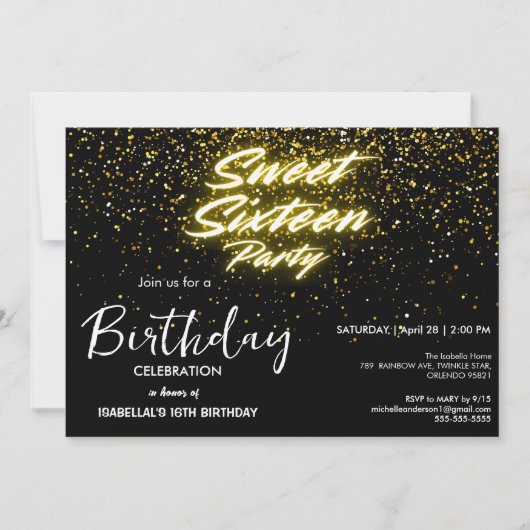 ネオンエレガント金ゴールドブラックレトロスウィート16th誕生日 招待状 (正面)