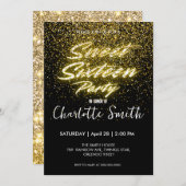 ネオンエレガント金ゴールドブラックレトロスウィート16th誕生日 招待状 (正面/裏面)