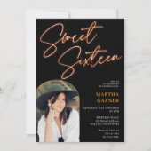 ネオンオレンジのサインのスクリプトおもしろい写真アーチ甘い16 招待状 (正面)