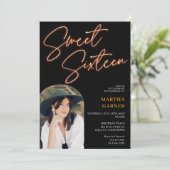 ネオンオレンジのサインのスクリプトおもしろい写真アーチ甘い16 招待状 (スタンド正面)