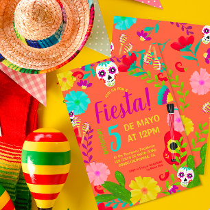 ネオンオレンジの花模様のメキシコの5月5日フィエスタパーティー 招待状