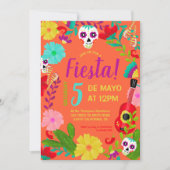 ネオンオレンジの花模様のメキシコの5月5日フィエスタパーティー 招待状 (正面)