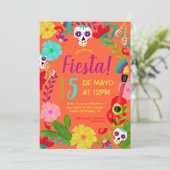 ネオンオレンジの花模様のメキシコの5月5日フィエスタパーティー 招待状 (スタンド正面)