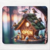 ネオンオープン標識を備えたバードハウス マウスパッド (正面)