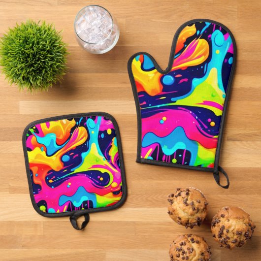 ネオンカオス液体カラー爆発 鍋つかみ&鍋敷きセット (トップダウン)