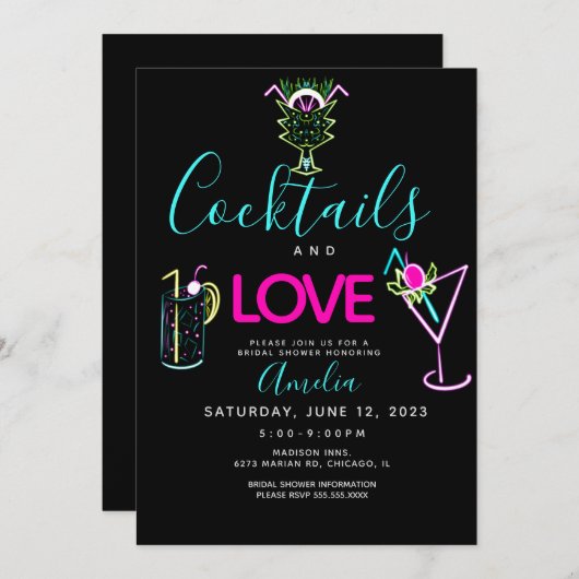 ネオンカクテルアートブライダルシャワー招待 招待状 (正面/裏面)