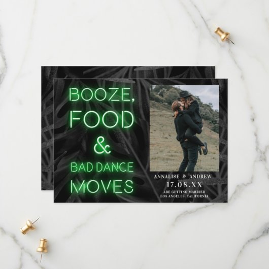 ネオンカジュアルグリーンパームの葉は日付写真を保存 セーブザデート (正面/裏面インサイチュ)