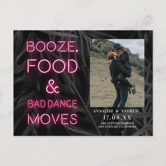 ネオンカジュアルピンクのヤシの葉は日付写真を保存 ポストカード (正面)