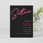 ネオンカッコいいピンクのスクリプトレトロブラック写真Sweet 16 招待状 (スタンド正面)