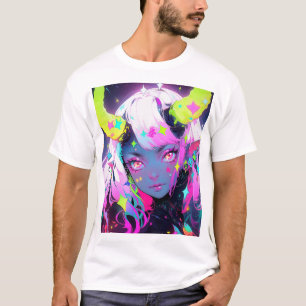 ネオンカラフルかわいいデーモンアニメガール Tシャツ