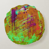 ネオンカラフルグリーン抽象芸術（ばちゃばちゃ）跳ねる絵を描 ラウンドクッション (裏面)