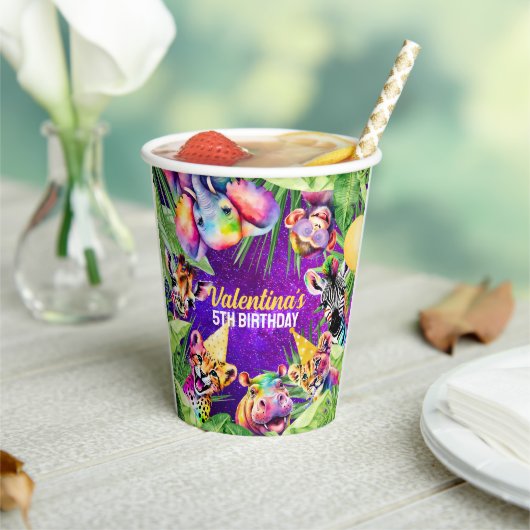 ネオンカラフルグローサファリジャングルパーティー動物 紙コップ (インサイチュ)