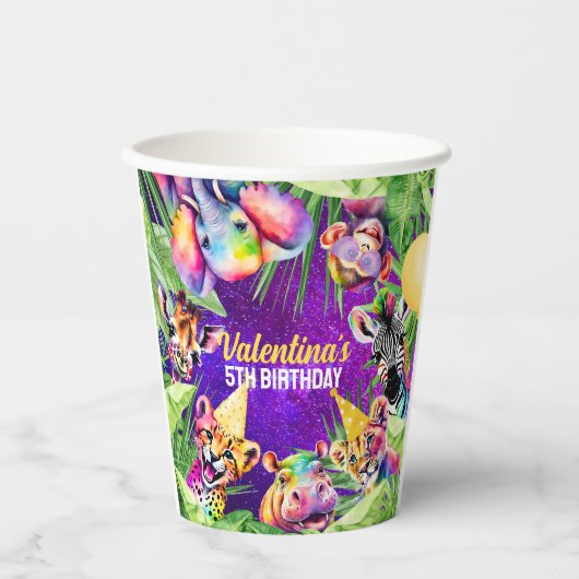 ネオンカラフルグローサファリジャングルパーティー動物 紙コップ (正面)