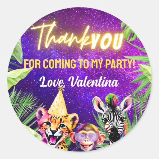 ネオンカラフルグローサファリパーティー動物ありがとう ラウンドシール (正面)