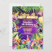 ネオンカラフルグローサファリパーティー動物誕生日 招待状 (正面)