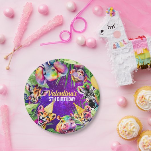 ネオンカラフルグロージャングルサファリパーティー動物 ペーパープレート (パーティー)
