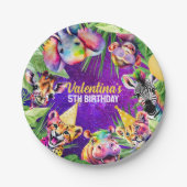 ネオンカラフルグロージャングルサファリパーティー動物 ペーパープレート (正面)