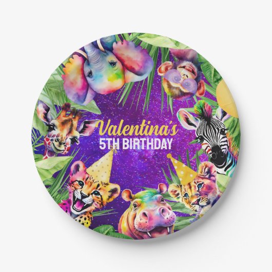 ネオンカラフルグロージャングルサファリパーティー動物 ペーパープレート (正面)
