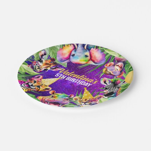 ネオンカラフルグロージャングルサファリパーティー動物 ペーパープレート (アングル)