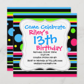 ネオンカラフルストライプ水玉模様ピンクティール(緑がかった色)ライム 招待状 (正面/裏面)