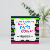 ネオンカラフルストライプ水玉模様ピンクティール(緑がかった色)ライム 招待状 (スタンド正面)