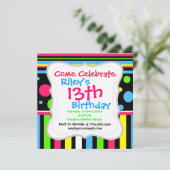 ネオンカラフルストライプ水玉模様ピンクブルーグリーン 招待状 (スタンド正面)