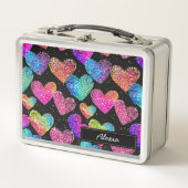 ネオンカラフルハートプリント名 メタルランチボックス (正面)