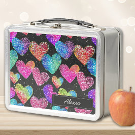 ネオンカラフルハートプリント名 メタルランチボックス